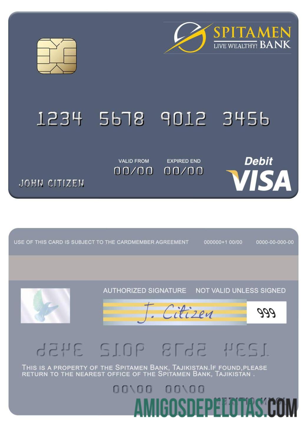 Cartão de débito Visa do Tajiquistão Spitamen Bank exemplo